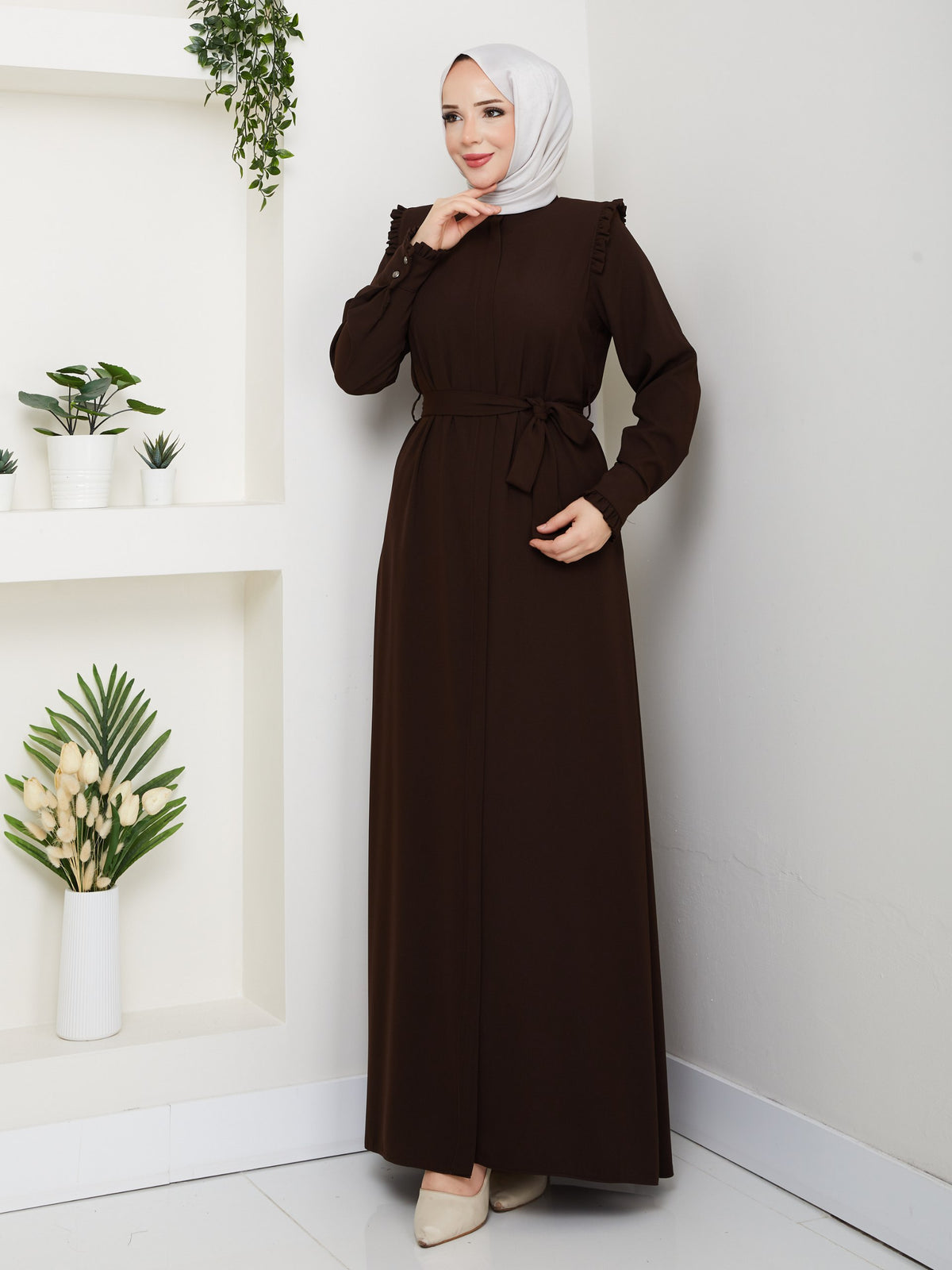 Acı Kahve Omuz Fırfırlı Ferace - #AK-1004