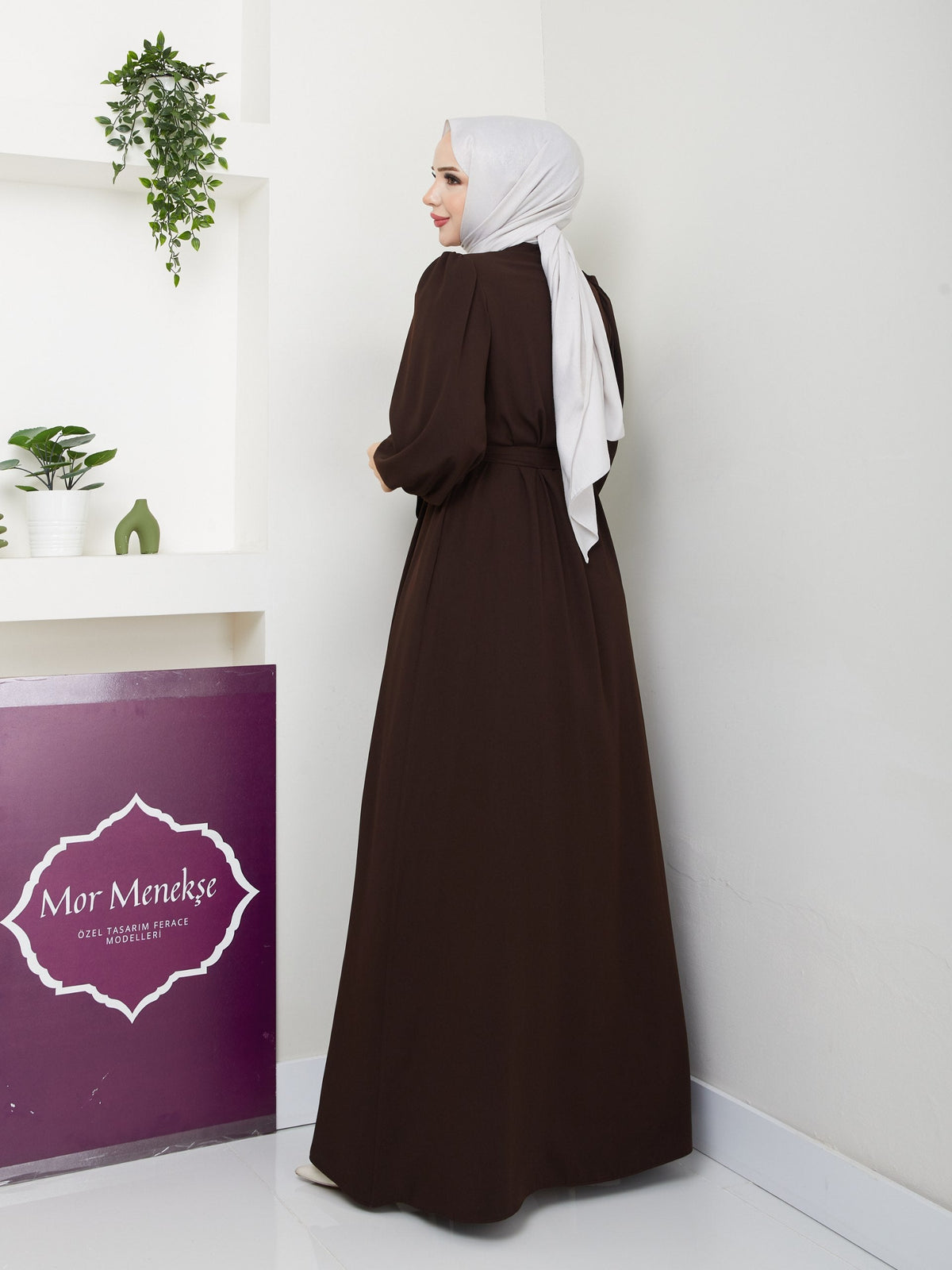 Kahverengi Yasmin Model Ferace - Safir Medine İpeği - yandan görünüm