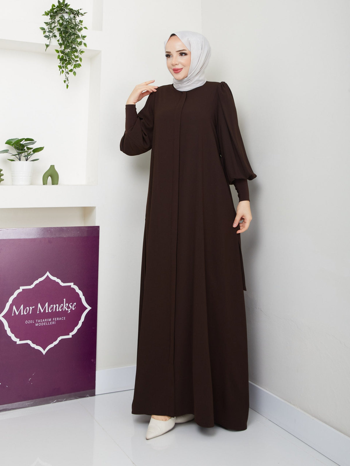Kahverengi Yasmin Model Ferace - Safir Medine İpeği - ön görünüm