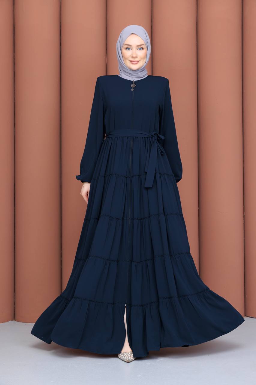 Lacivert 5 Kat Büzgülü Mevlana Model Ferace - Mısır Medine İpeği - ön görünüm