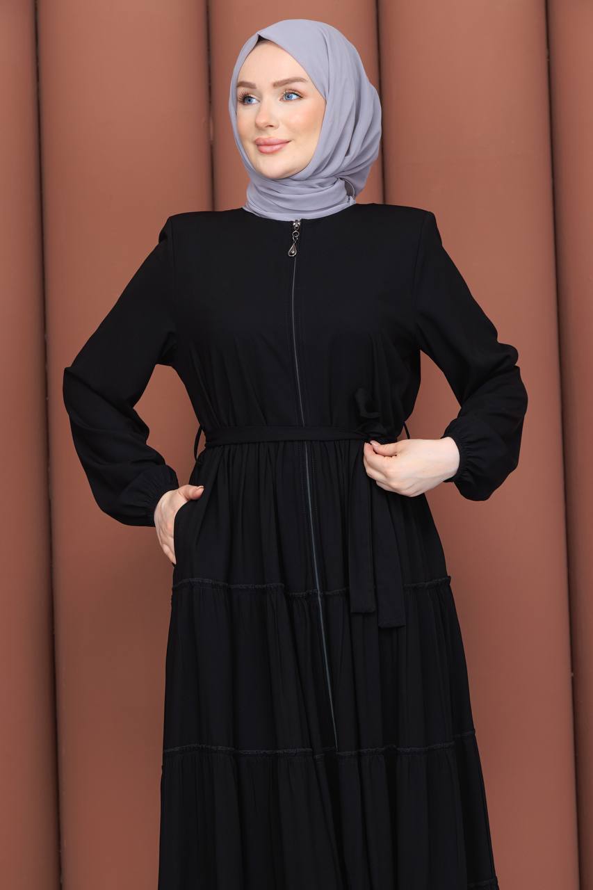 Siyah 5 Kat Büzgülü Mevlana Model Ferace - Mısır Medine İpeği - detay görünümü
